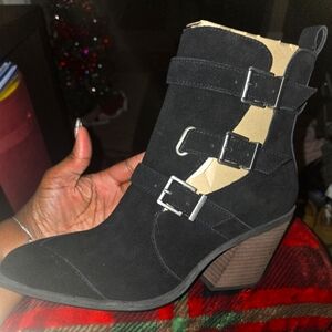 Stylish Black Suede Ankle Boots with Buckles